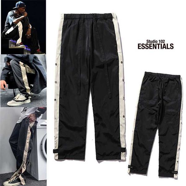 

casual sports pants american high street fog season 6 double breasted loose ribbon pants overalls men's and women's trendy casual, Black