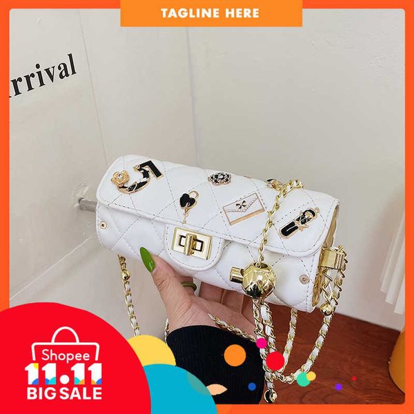 

80%off luxury design bags 2022 new fashion cylinder diamond pattern pure color badge cool shuai square latch small bag metal chain