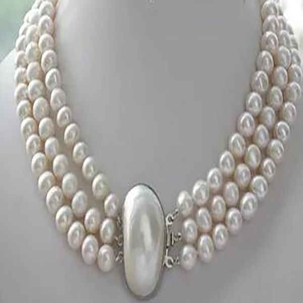

charming jewelry 3rows 8-9mm white pearl necklace 17-19"aaaa, Silver
