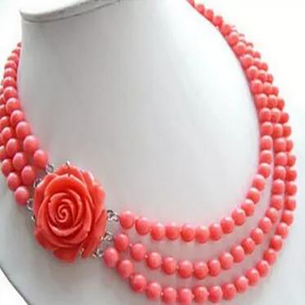 

beautiful jewelry 3row 7-8mm pink coral atmosphere rose button leather longer women necklace 17-19inch, Silver