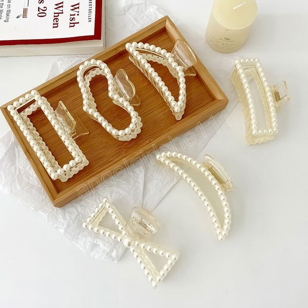 

women's pearl grab clips geometric hairpins large hair claw hair accessories girls korean fashion headwear, Slivery;white