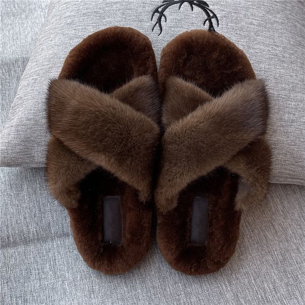 

slippers luxury brand real mink fur peep toe thick women's flat ladies slides female fashion outdoor shoes 221203, Black