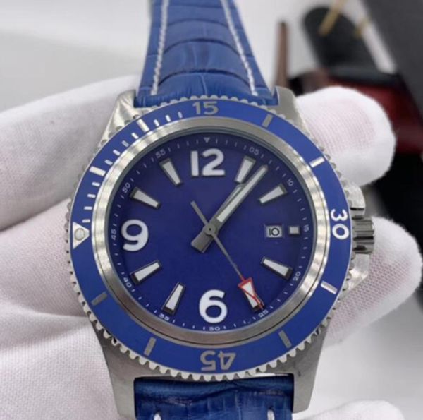 

1884 super-ocean 46mm watches luxury blue dial stainless steel rotating bezel men's automatic mechanical leather strap luminous watch e, Slivery;brown