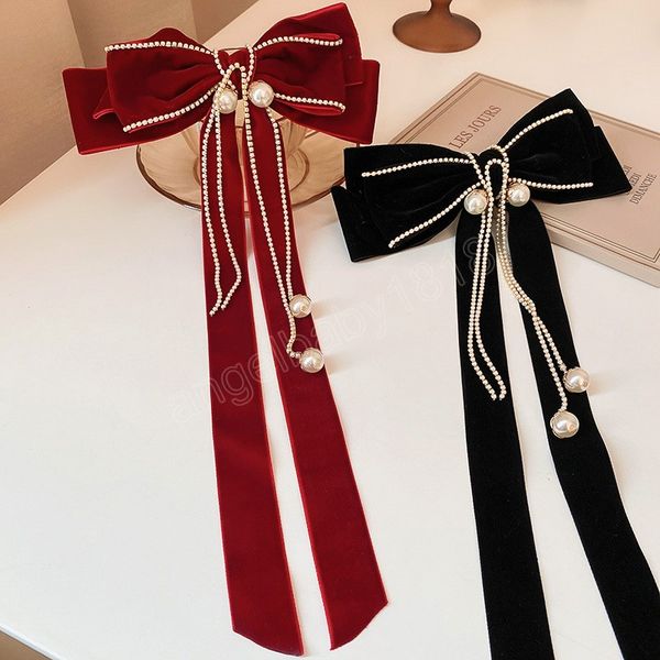 

cute hair clips girls bows ribbon barrettes headwear women pearl tassel hair clip accessories, Slivery;white