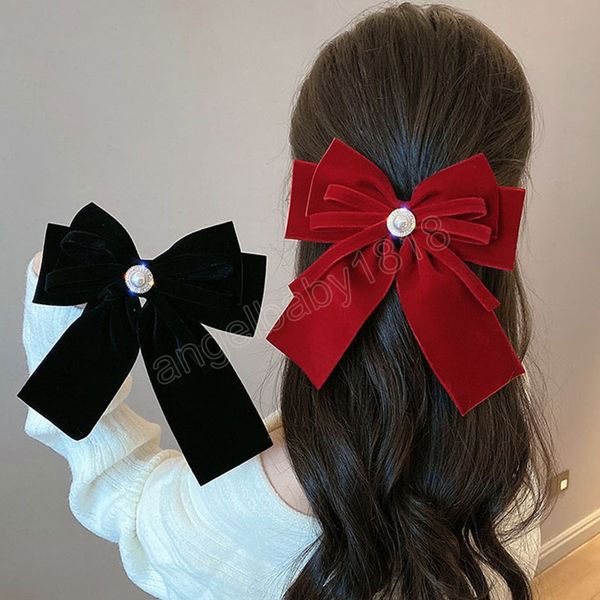 

black velvet bow hairpin for women girls crystal rhinestone chain tassel hair clip hairgrip jewelry hair accessories, Slivery;white