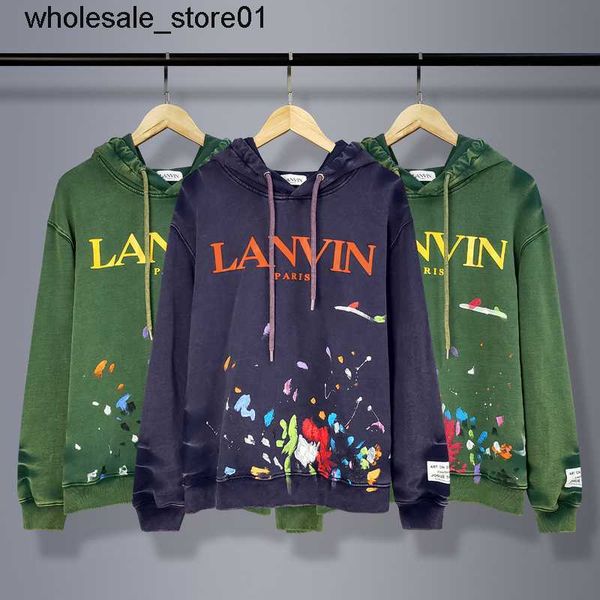

men's hoodies designer sweatshirts winter new lanvins wash water graffiti color letters pure cotton sweater men hooded, Black
