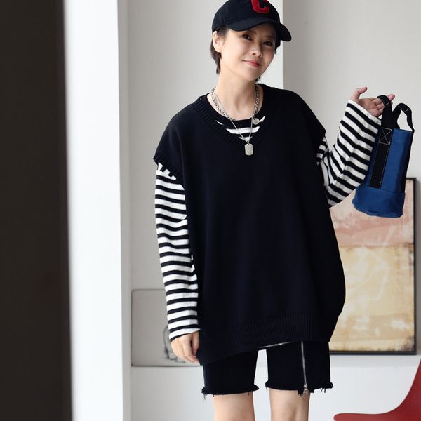 

women's vests micoco v9022c art and retro do old patchwork stripe loose outer vneck knit vest 221202, Black;white