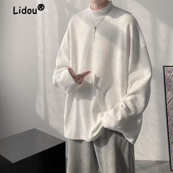 

men's t shirts fashion casual solid color all match white t shirt long sleeve half turtleneck loose streetwear male 221202, White;black
