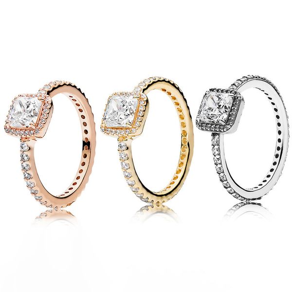 

rose gold square sparkle halo ring with original box for pandora real sterling silver wedding party jewelry for women girlfriend gift cz dia, Slivery;golden
