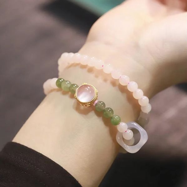 

2022 new chain natural n jade lotus root powder double-ring bracelet with silver-plated edge agate running ring chinese women's style b, Black