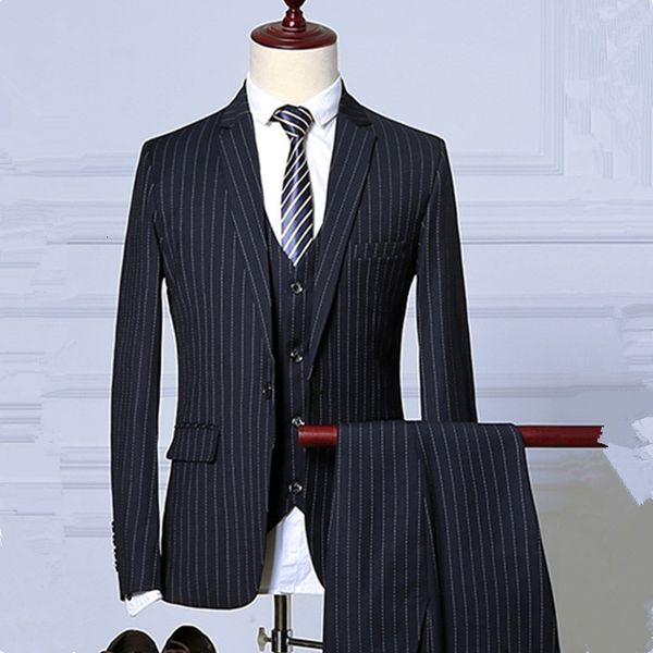 

men's suits blazers men business dinner coat stripe slim fit wedding male groom tuxedos suit jacket pants vest 3 pcs set 221202, White;black