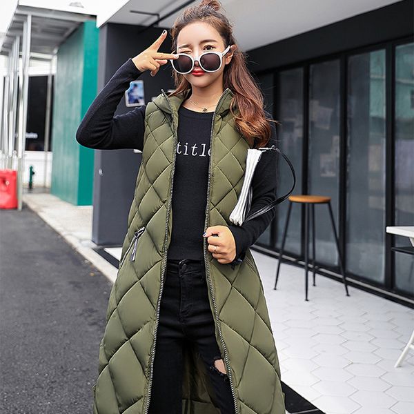 

women's vests women long sleeveless vest long down cotton jacket solid korea hooded padded vests loose females casual winter coat 22120, Black;white