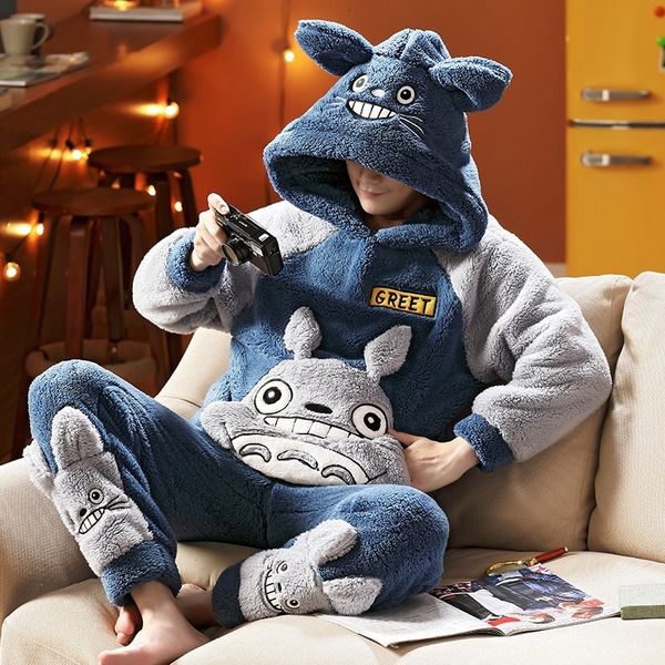 

men's sleepwear winter plus size long sleeve hooded thick warm flannel pajama sets for men cute cartoon suit pyjama male homewear 22120, Black;brown