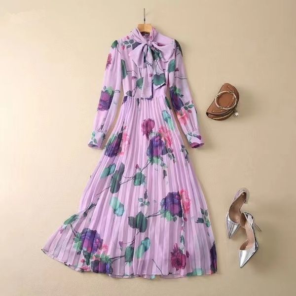 

casual dresses european and american women's wear for winter 2022 long sleeve bow collar purple flower print fashion pleated dress xxl, Black;gray