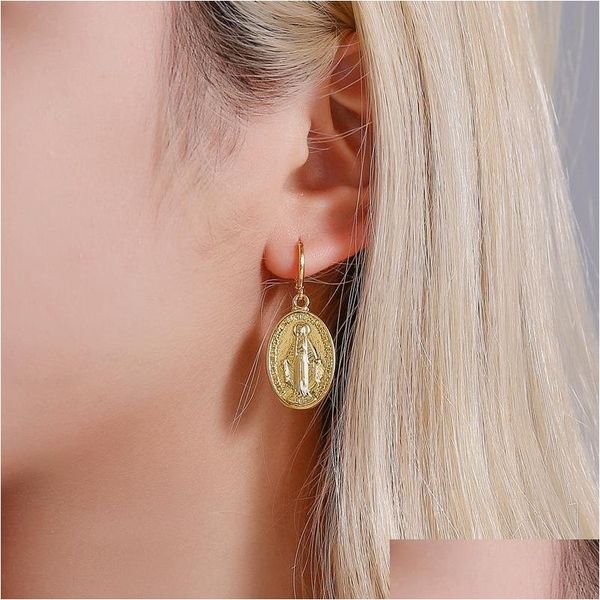 

hoop huggie fashion jewelry retro portrait earrings for women metal coin relief drop delivery dhdwf, Golden;silver