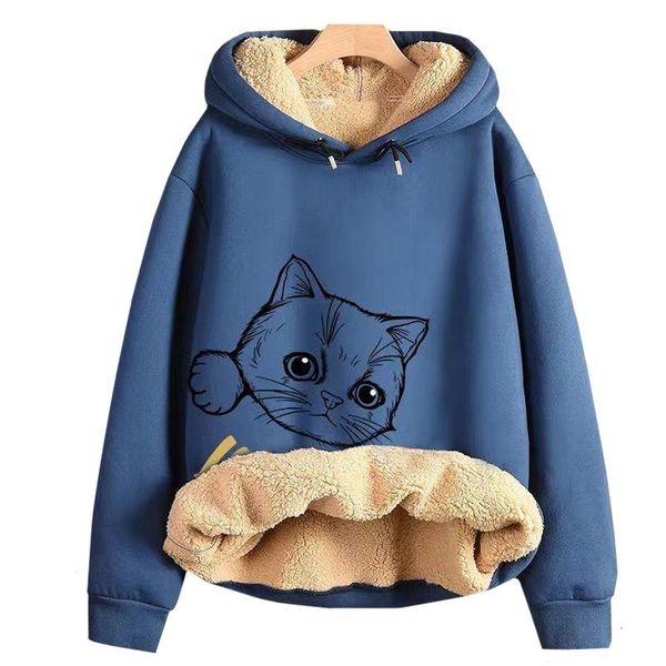 

women's hoodies sweatshirts inner lining composite lamb fleece sweatshirt thick winter loose keep warm hoodie peeking cartoon cat overs, Black