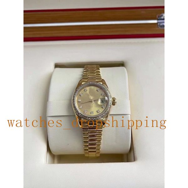 

fashion lady watch v5 28mm automatic mechanical diamond bezel time scale stainless gold bracelet 18k gold 2813 movement woman wristwatches, Slivery;brown