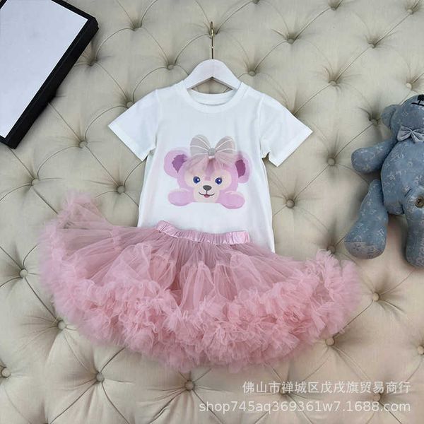 

clothing sets high set children's girls' cute pattern style short sleeve in puffy gauze half skirt two-piece, White