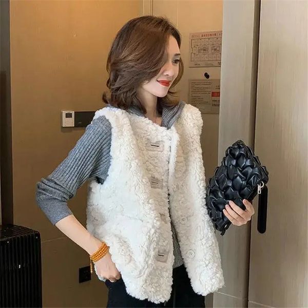 

women's vests vest jacket sleeveless lamb wool chaleco mujer autumn winter waistcoat short coat korean fashion casual gilet femme 22120, Black;white