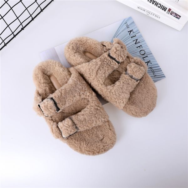 

slippers women's fall winter real curly fur lamb shearling wool home house slide outdoor flat shoes girls cute sliders open-tode 221203, Black