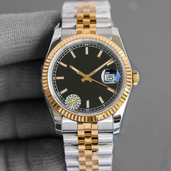 

men's watch black dial 36 mm folding buckle stainless steel 904l scratch resistant blue crystal glass enlarged calendar window montre d, Slivery;brown