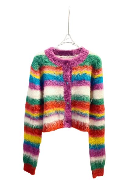 

autumn and winter 22 temperament latest women's round neck long sleeve rainbow stripe cardigan, Black;brown