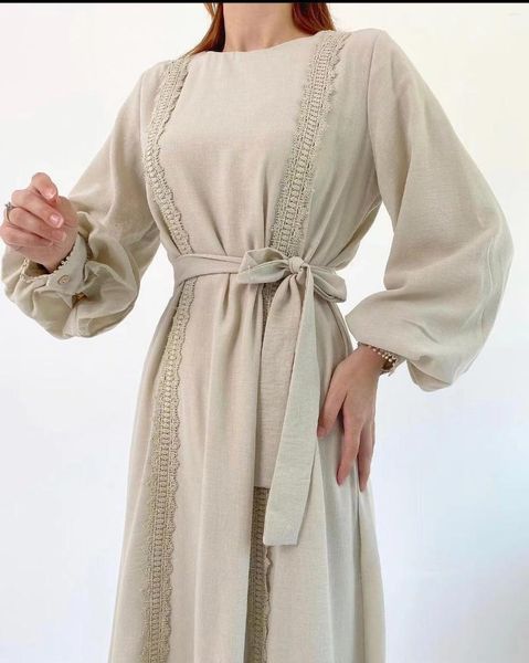 

Casual Dresses Women Midi Dress Cotton Linen Long Lantern Sleeve A Line Lace Decor, Creamy-white