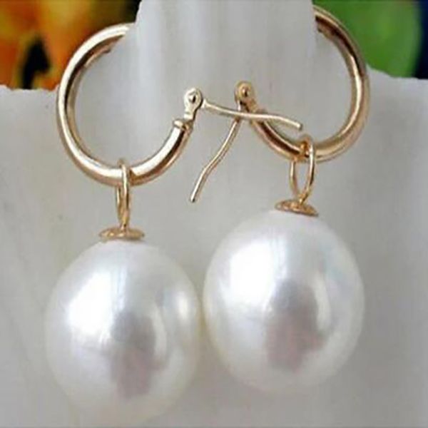 

charming 14mm australian south sea white shell pearl earrings 14k