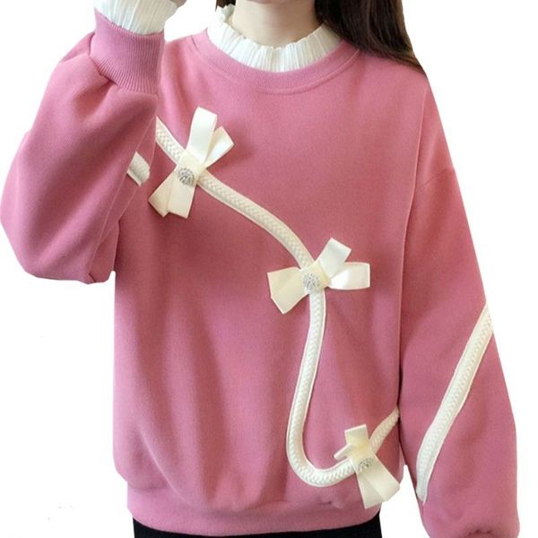 

women's jackets spring autumn thin women sweatshirt splicing beading bow knot pink lady pullover fake two piece clothes female 221201, Black;brown