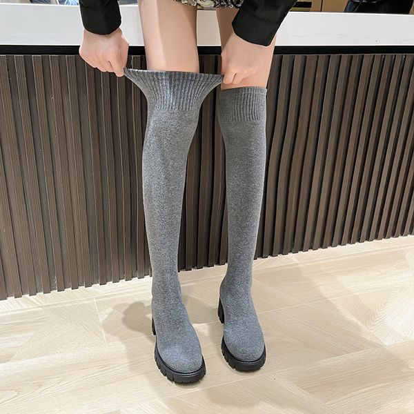 

boots slim over the knee stretch socks women autumn thick high heels long woman anti-slip platform shoes 221203, Black
