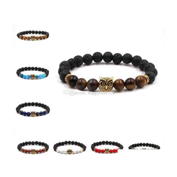 

charm bracelets fashion natural black lava stone owl charm elastic bracelet aromatherapy essential oil diffuser for women men drop d dhiwe, Golden;silver