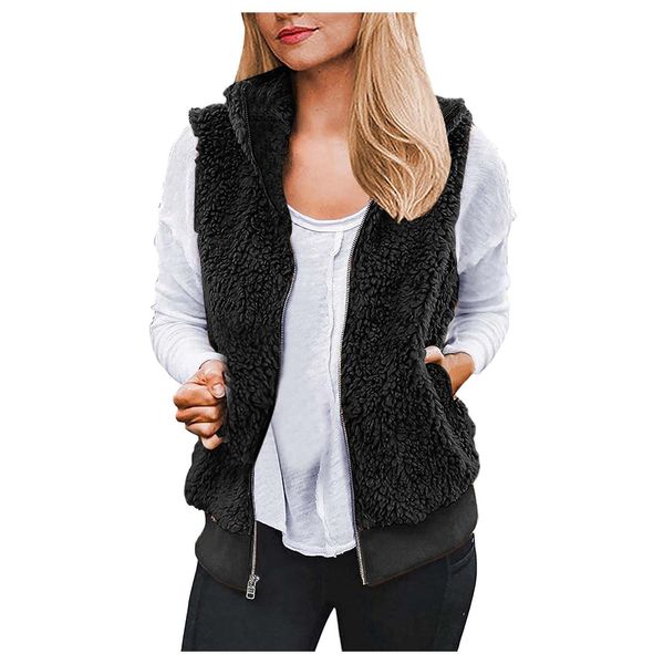 

women's vest s sherpa fleece outwear fall winter warm faux fur furry coat with pockets zip up sleeveless artificial wool vest 221202, Black;white