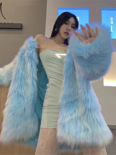 

women's fur faux super winter coats elegant blue coats female clothing long sleeve thick warm outerwears lady oversize 221202, Black