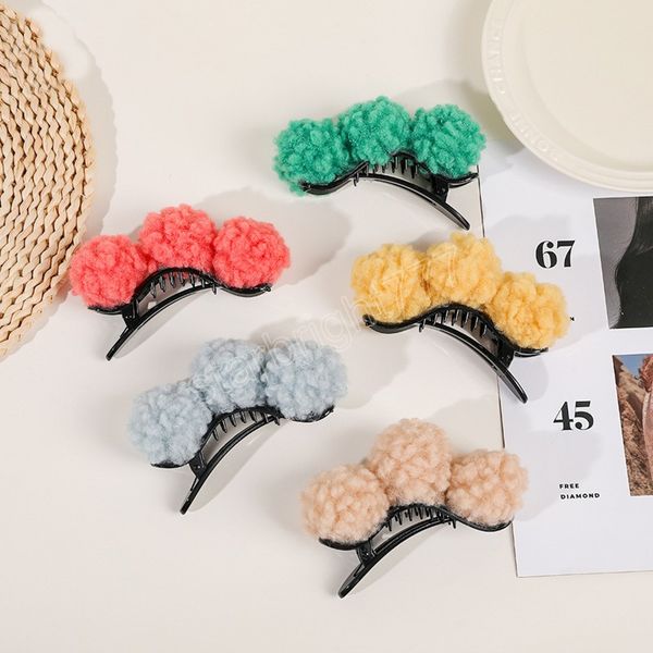 

winter hair claw hairpin plush large grab clip cross clamps three big balls clips hair accessories geometric headwear, Slivery;white