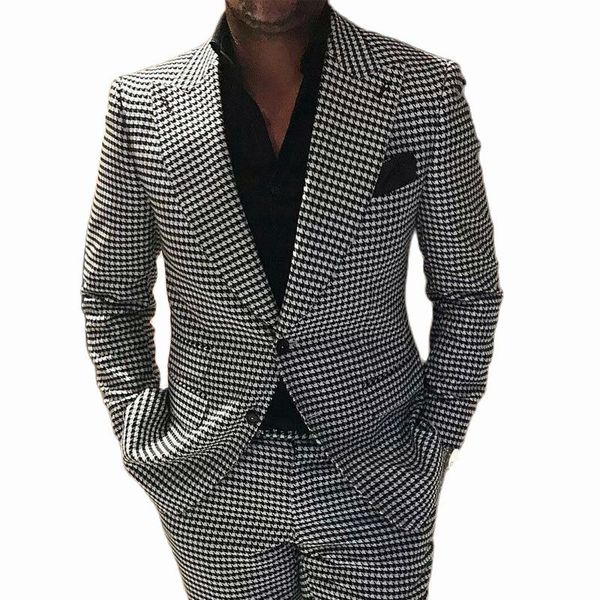 

men's suits blazers houndstooth groom men suit tuxedos slim fit 2 pieces clothing with blazer pants plaid male for wedding 221202, White;black