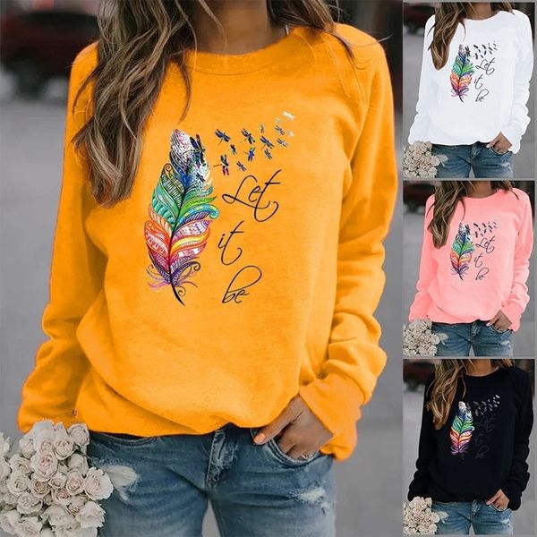 

women's jackets feather be printed hoodies fleece long sleeve o neck loose sweatshirt girls hoodie pullovers winter 221201, Black;brown