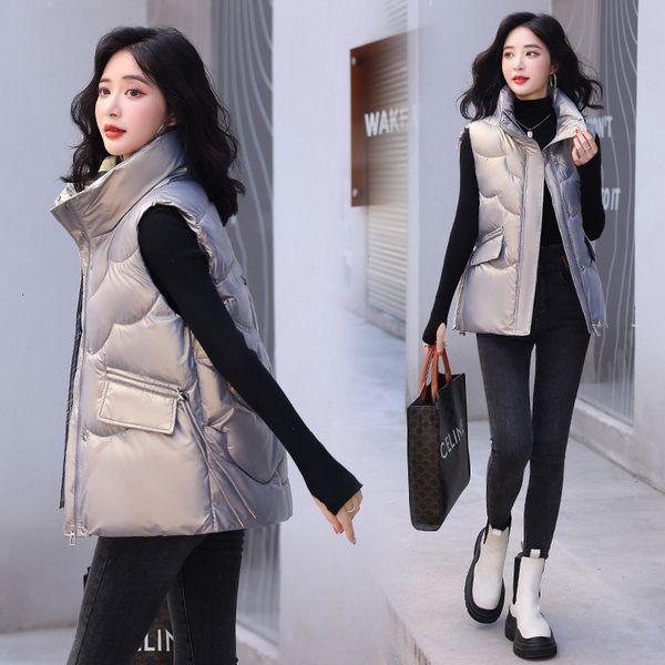 

women's vests design women fashion winter vest stand collar shiny bright babric padded warm autumn sleeveless jacket outerwear coat 221, Black;white