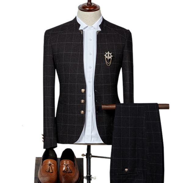 

men's suits blazers blazer pants fashion stand collar plaid set english slim party dress groomsman high end plus size 3xl 221202, White;black