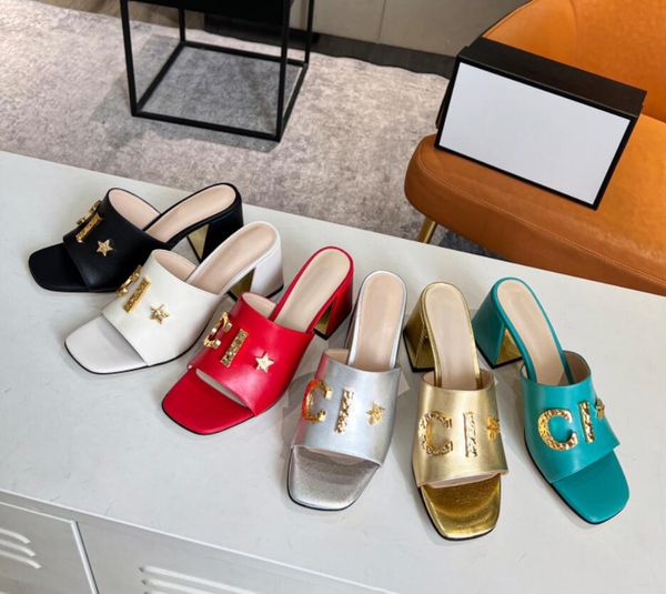 

womens heeled slippers quality genuine leather sandals .5cm chunky heel gold letters shoes big size 35-43 women sandal fashion designer sli, Black