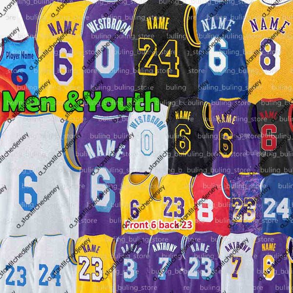 

basketball jerseys 2022 russell westbrook basketball jersey 23 6 davis carmelo anthony yellow white purple black lbj 3 7 0 75th mamba annive, Black;red