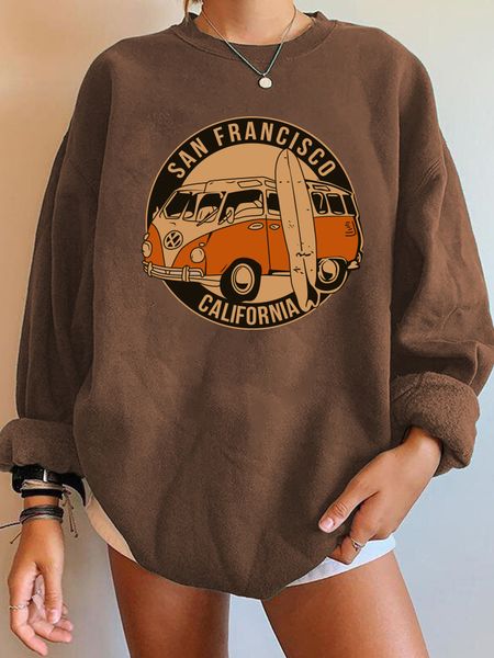 

women's hoodies sweatshirts san francisco california print women vintage buses oversized crewneck woman drop shoulder pullovers 221202, Black