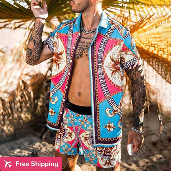 

tracksuits hawaiian men's printed lapel shirt and short sleeves casual beach shorts summer street wear holiday suit s 3xl, Gray