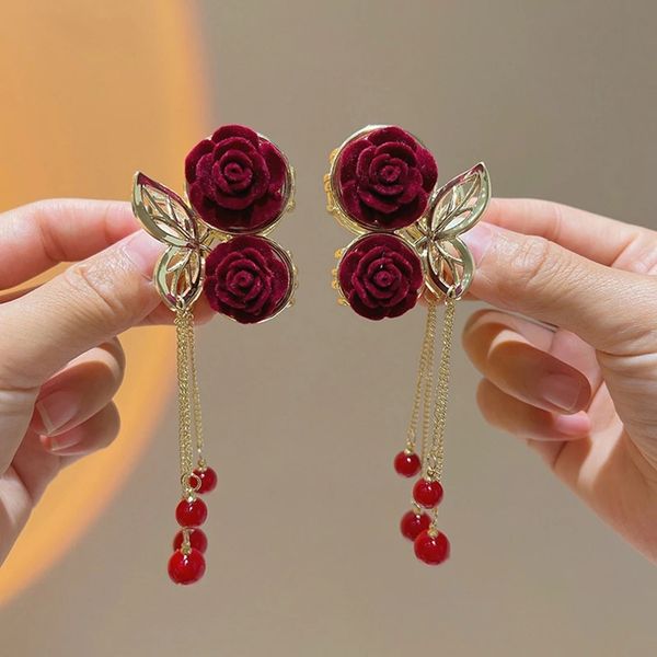 

women's metal tassel hair claws elegant velvet flower hairclips small barrette headdress hair accessories, Slivery;white