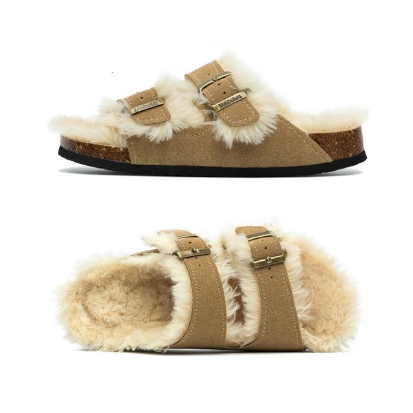 

slippers cosmagic fur inside cork slipper autumn winter women casual nubuck leather outside men buckle soft plush slides shoe 221203, Black