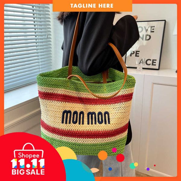 

80%off luxury design bags 2022 new product recommendation popular color contrast stripe weaving large capacity beach straw bag tot bag femal