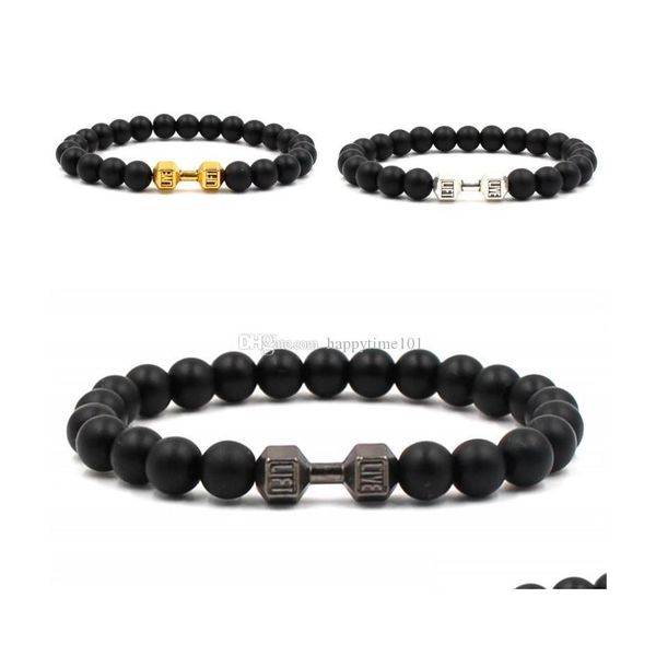 

beaded creative sports dumbbell beaded bracelet 8mm black matte stone 3 colors charms bracelets bangle for men women christmas gift dh9mv