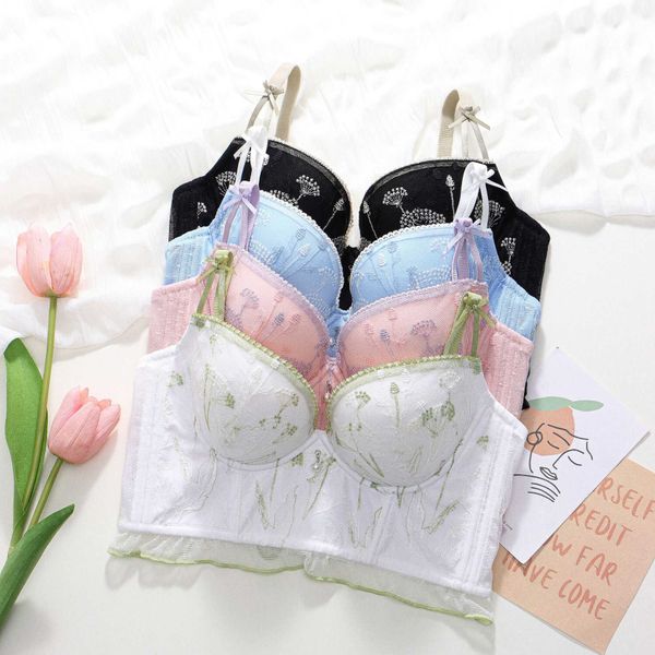 

women' set bras sets embroidery adjusted small cht gathers and clos the side breast steel ring no trace underwear female lace bra, Red;black