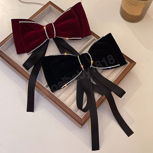 

black velvet bow hairpin for women girls crystal rhinestone chain tassel hair bows clip hairgrip jewelry hair accessories, Slivery;white