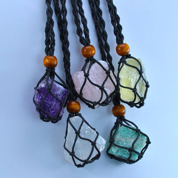 

irregular natural stone pendant necklace rose quartz crystal amethyst rope wire wrapped pendants hanging fashion jewelry, Silver