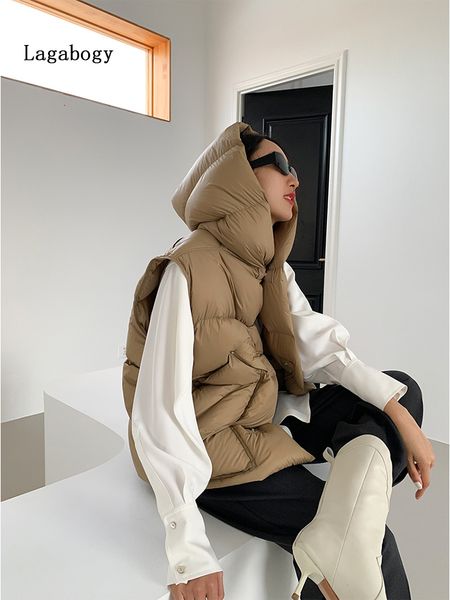 

women's vests lagabogy women sleeveless jacket loose hooded waistcoat casual outwear female winter 90 white duck down vest 221202, Black;white